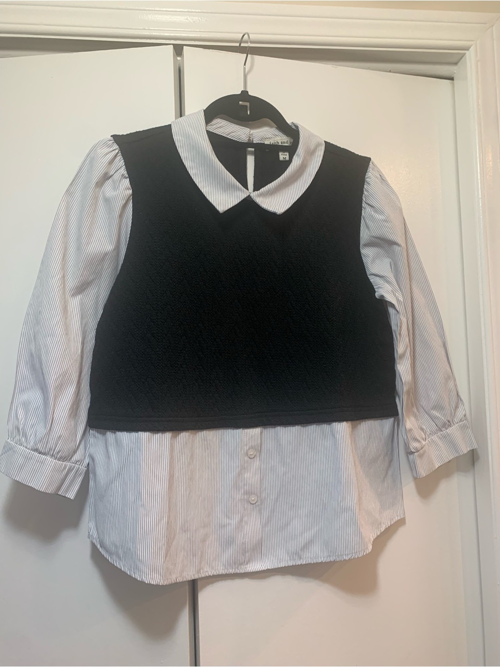 Faith and Joy Medium Black Over White Collared Button-Down Blouse